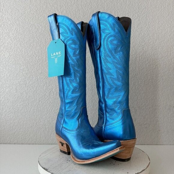 Lane SMOKESHOW Womens Cowboy Boots 7 Blue Leather Western Cowgirl Mid Calf Tall - Picture 1 of 15